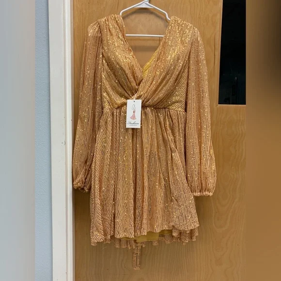 Gold Sequin Long Sleeve Dress - Picture 1 of 3